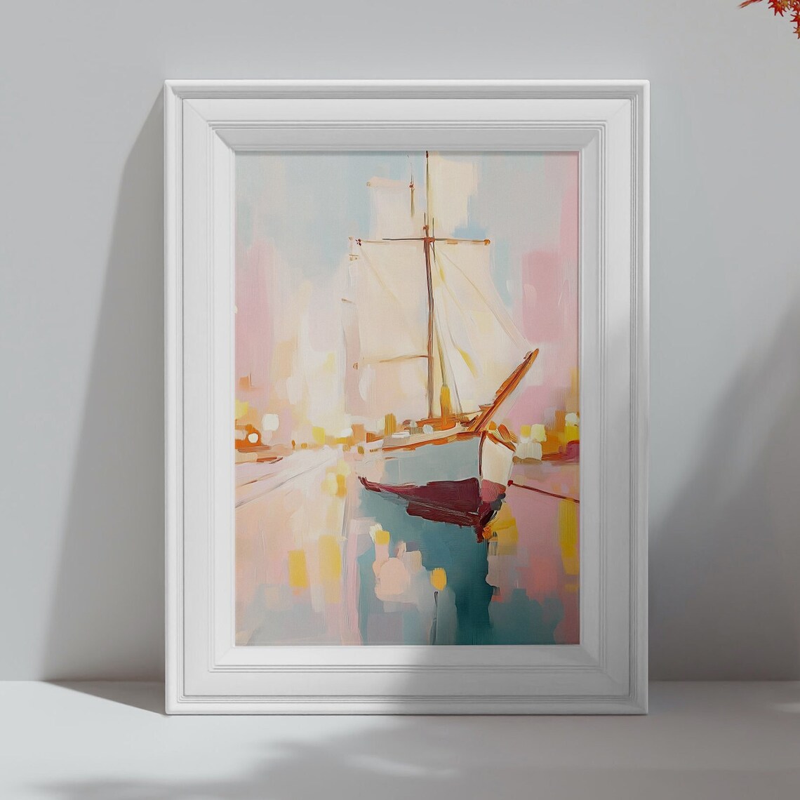 Sailboat in a Soft Pink Harbor Morning Haze Nautical Wall Art Poster Print - Image 4