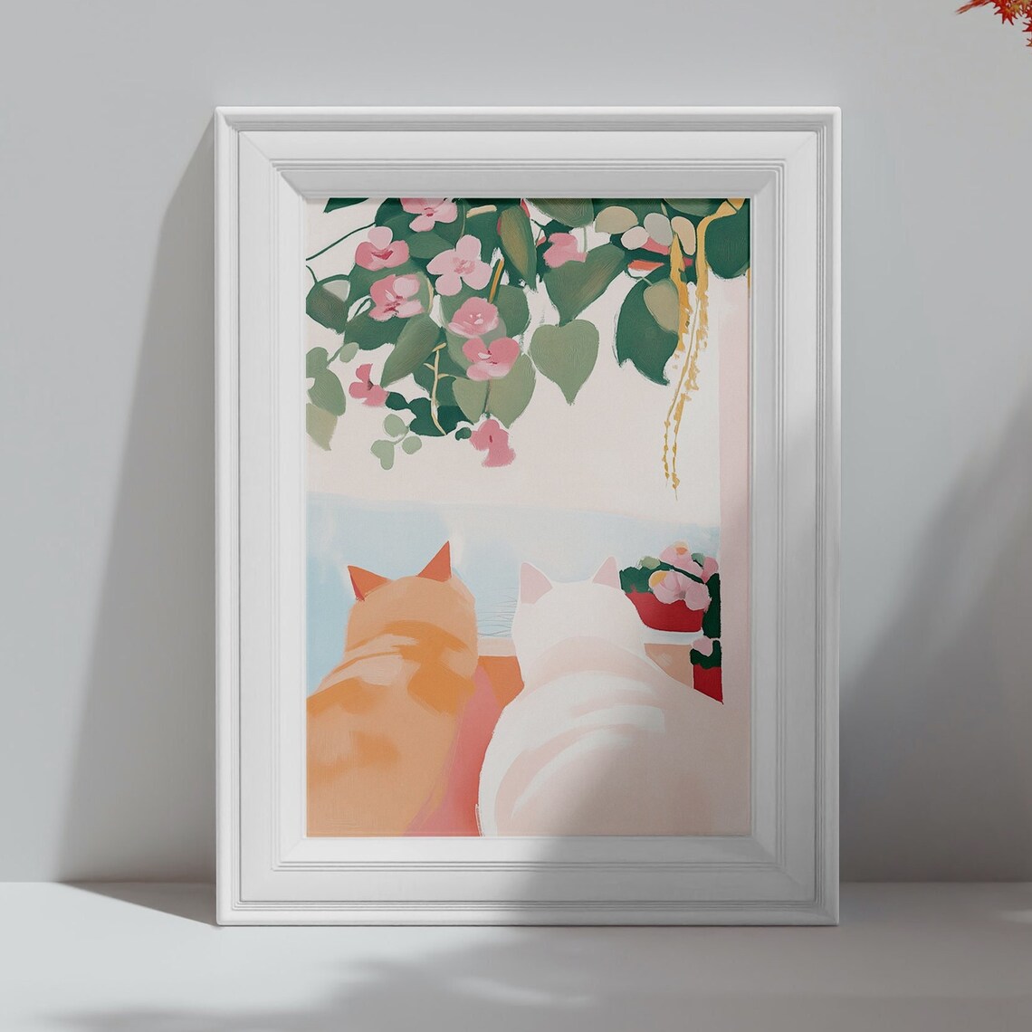 Two Cats Gazing at the Sea Under Flowers Cute Cat Wall Art Print Poster - Image 4