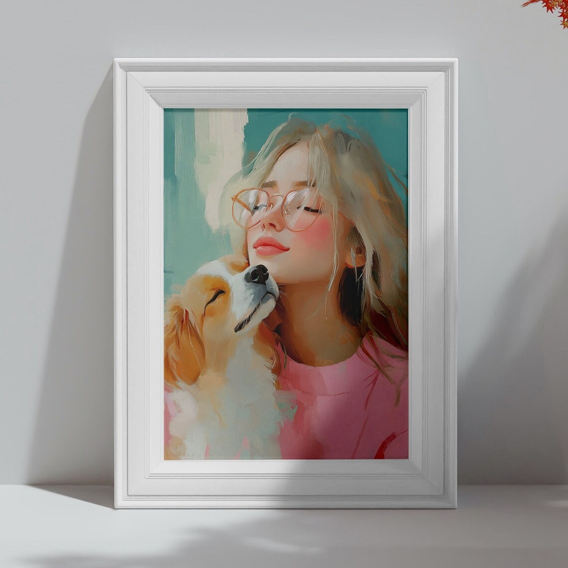 Smiling Woman Hugging Her Dog Sweet Pastel Pet Portrait Art Poster - Image 4