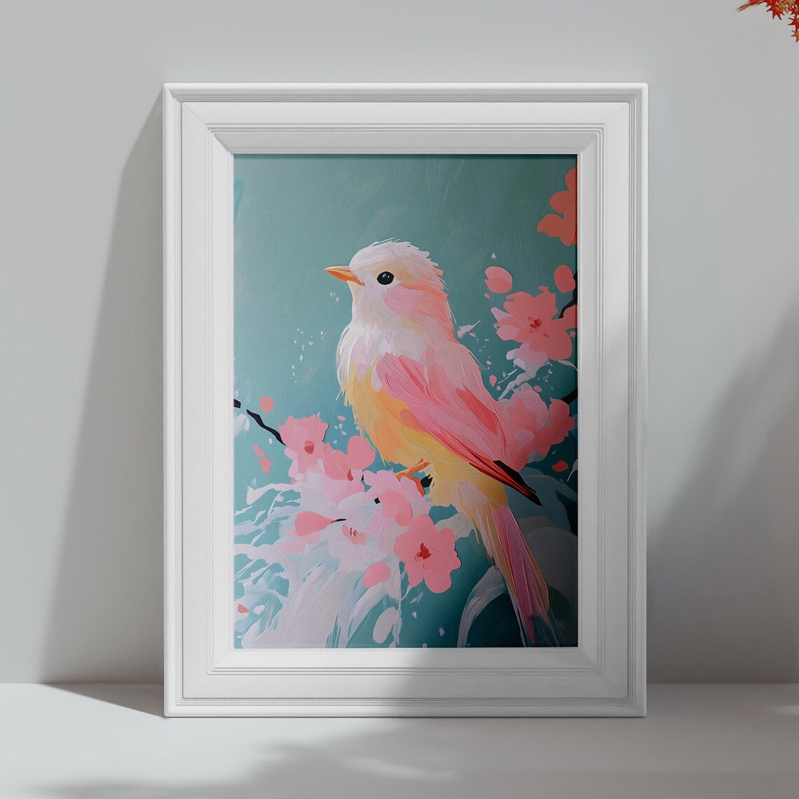 Pink and White Bird on Cherry Blossom Branch Spring Nature Art Poster - Image 4