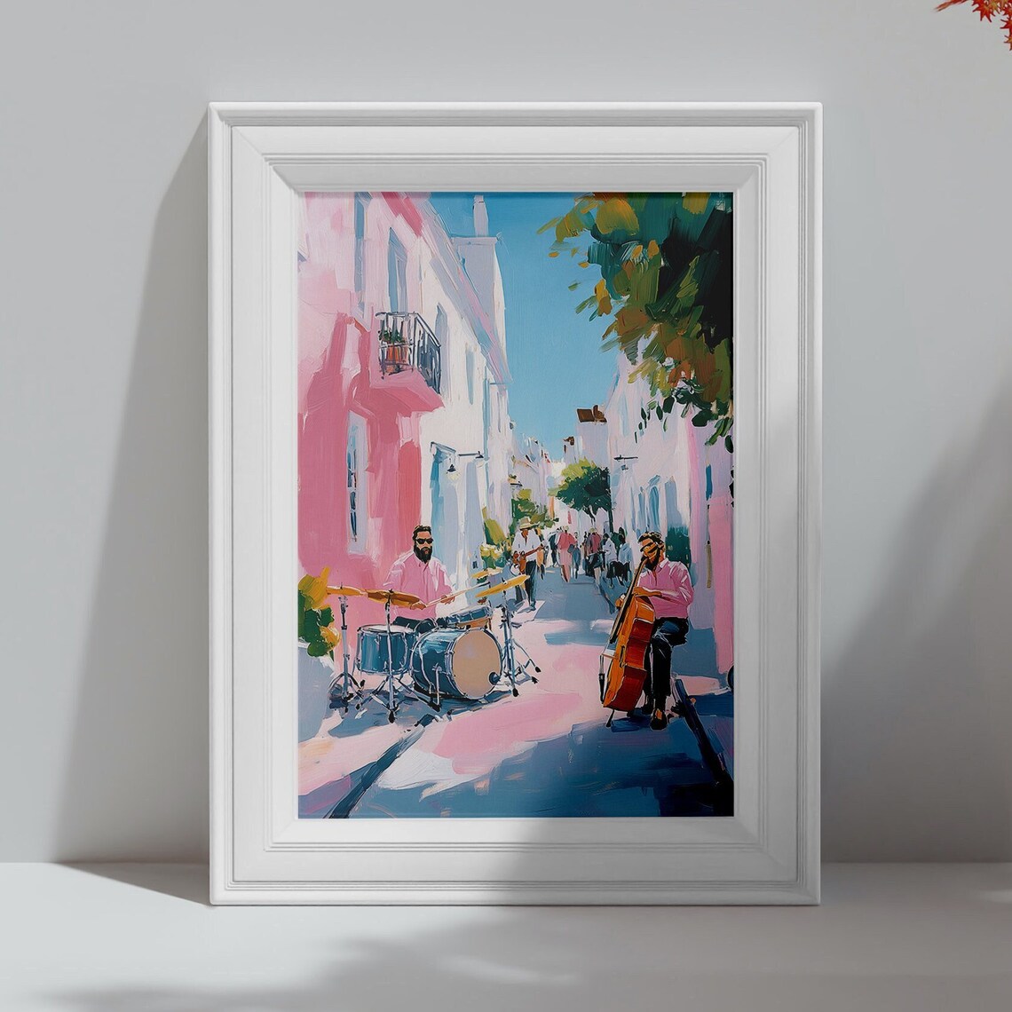 Street Jazz Musicians with Drums and Cello Live Music Pastel Wall Poster - Image 4