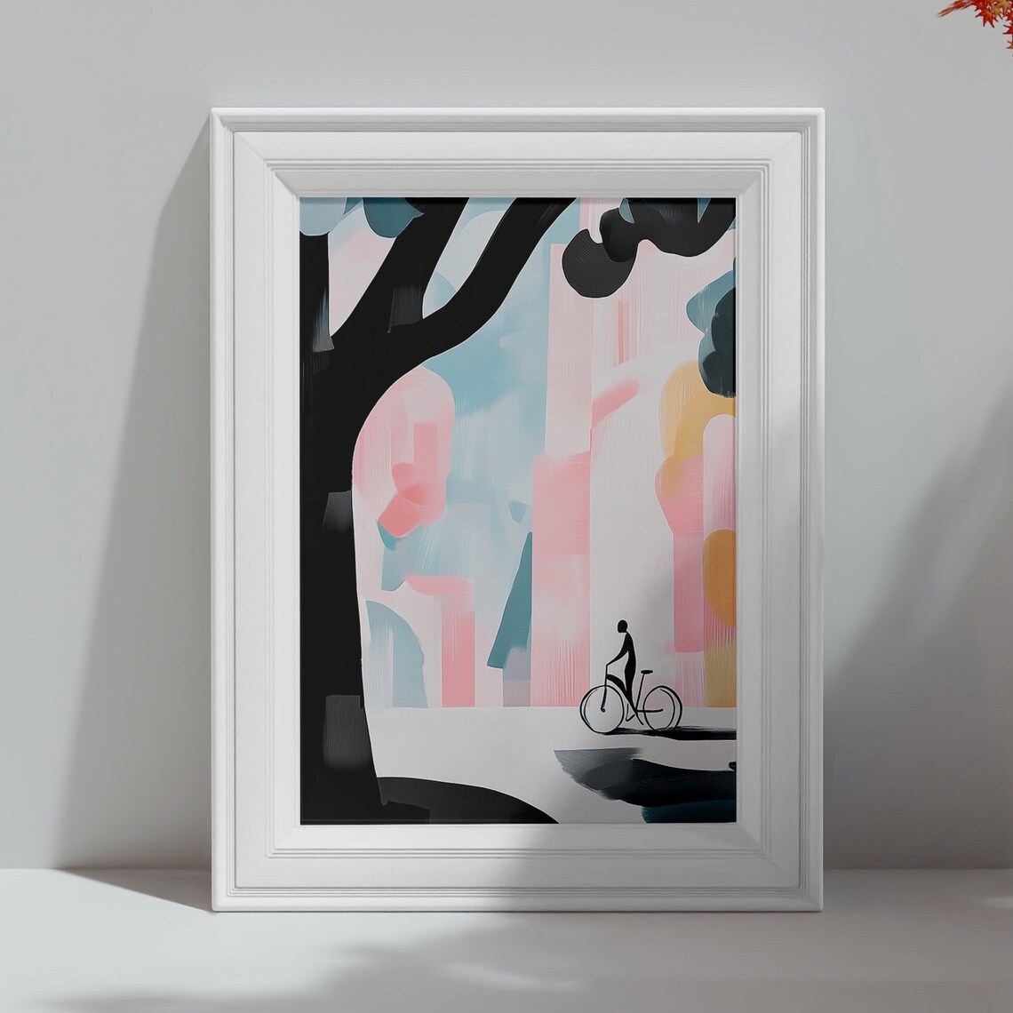 Silhouette Cyclist Under Big Tree Pastel City Street Art Poster - Image 4