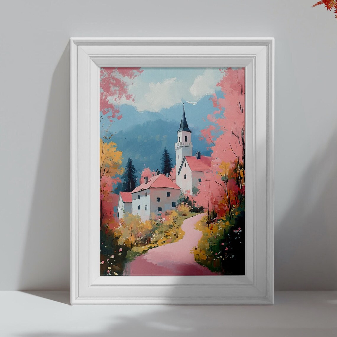 Village Church in a Pink Autumn Valley Mountain Landscape Travel Poster - Image 4