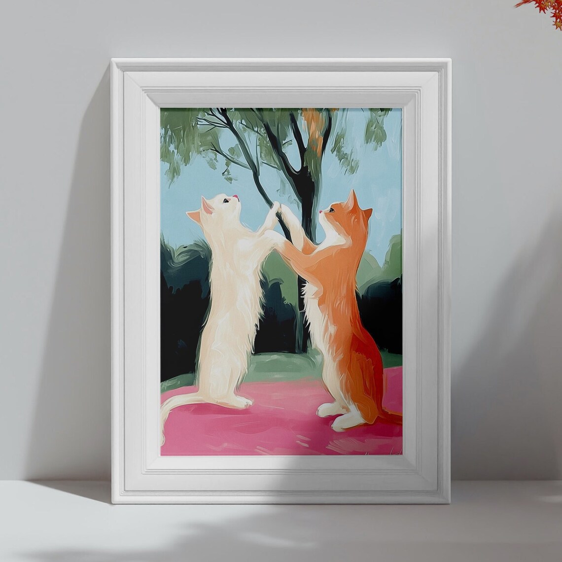 Two Playful Kittens Dancing Under Tree Cute Pastel Cat Print - Image 4