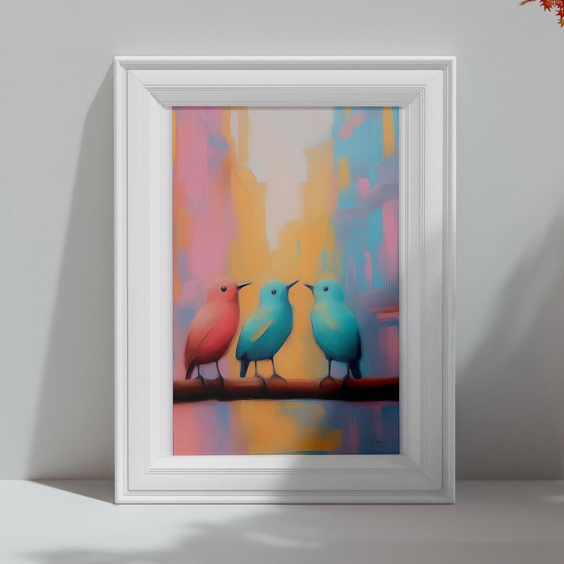 Three Pastel Birds Coral Teal Blue Chatting On Branch Art Print - Image 4