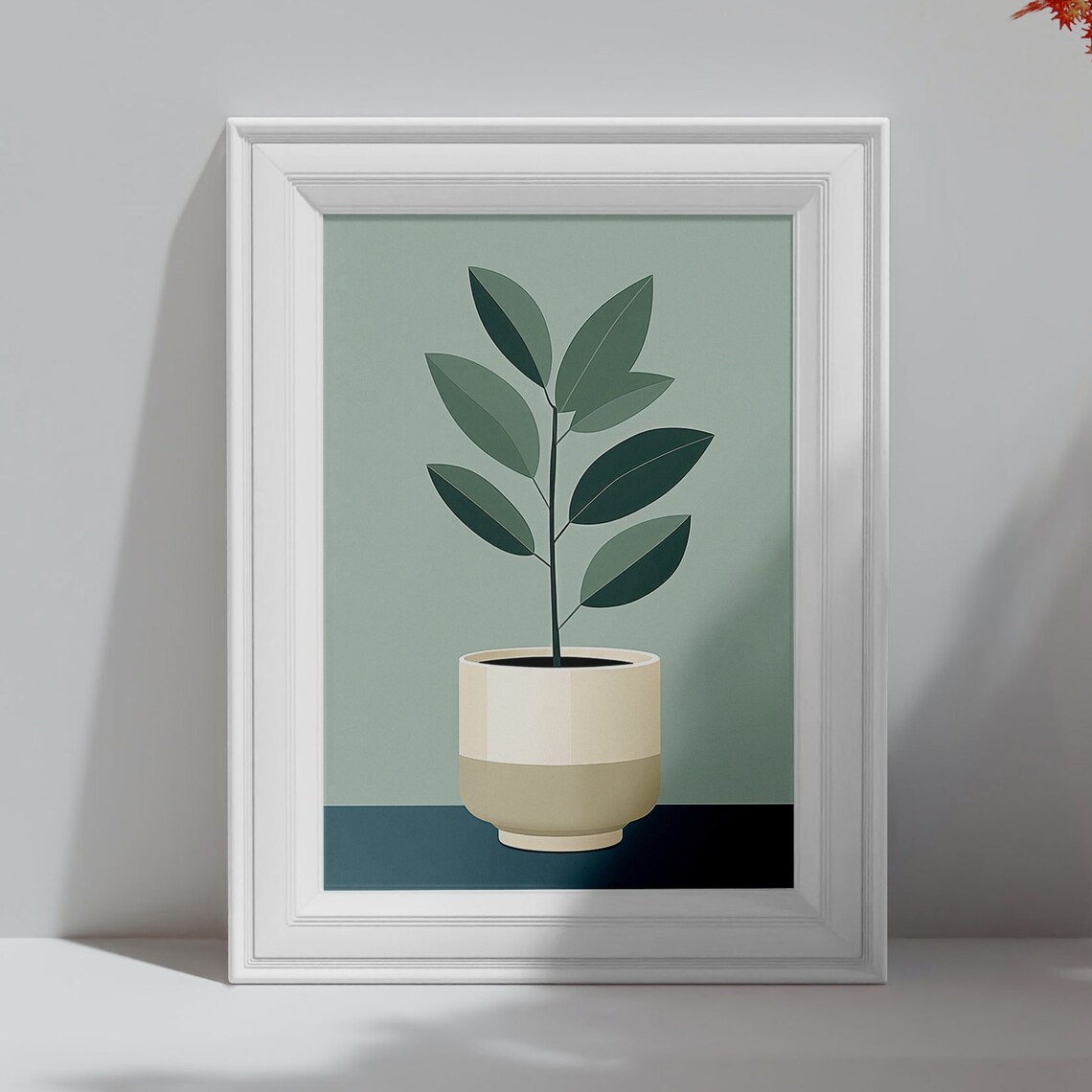 Minimalist Potted Plant Cream Pot Sage Green Botanical Art Poster