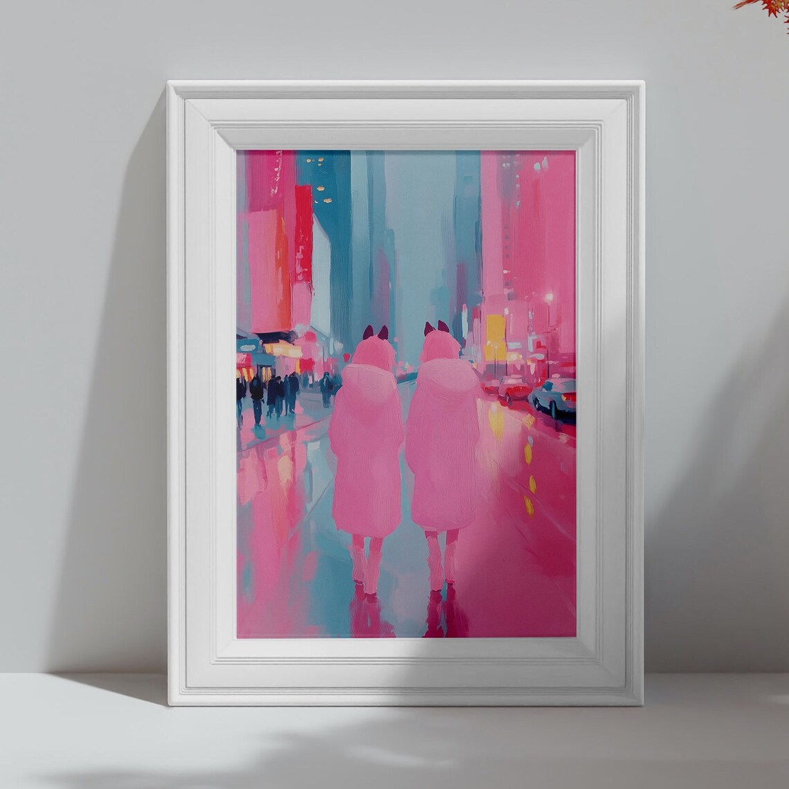 Two Girls In Pink Coats Neon City Night Rain Walk Art Poster - Image 4