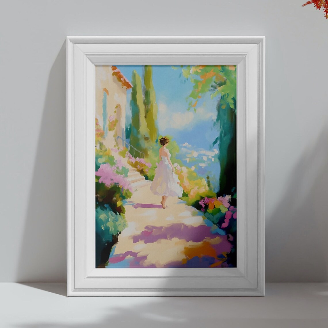 Woman Walking Mediterranean Villa Garden Flower Path Travel Poster - Image 4