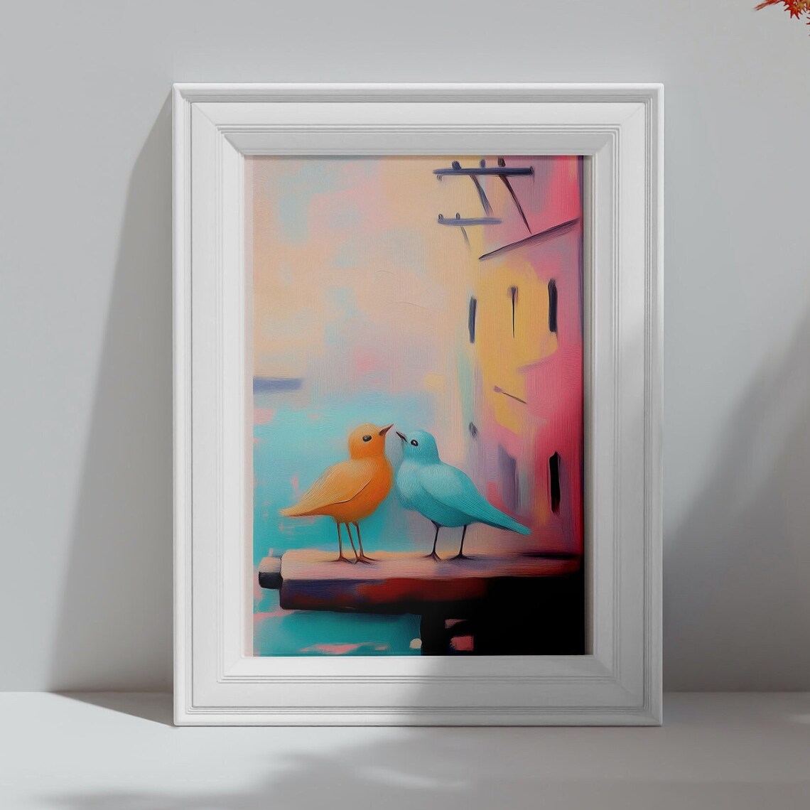Orange And Teal Birds Pair Snuggling Pastel Abstract Art Print - Image 4