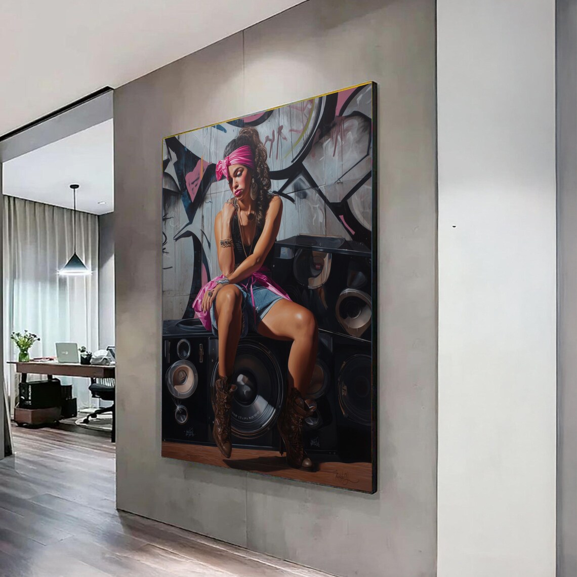 Retro Hip Hop Woman Boombox Graffiti Portrait Urban Street Art Poster
