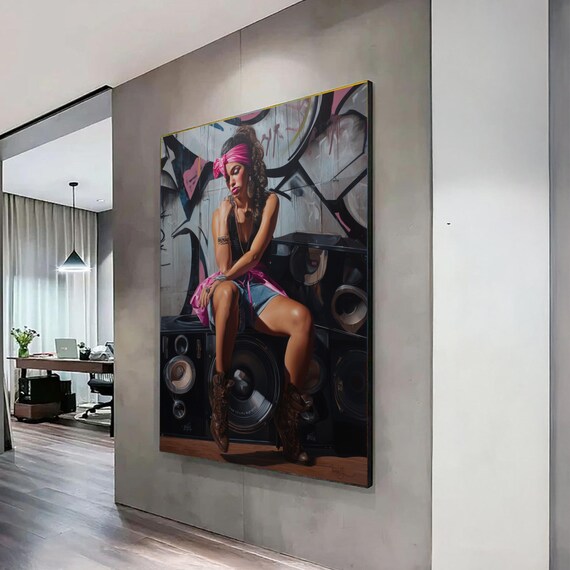 Retro Hip Hop Woman Boombox Graffiti Portrait Urban Street Art Poster