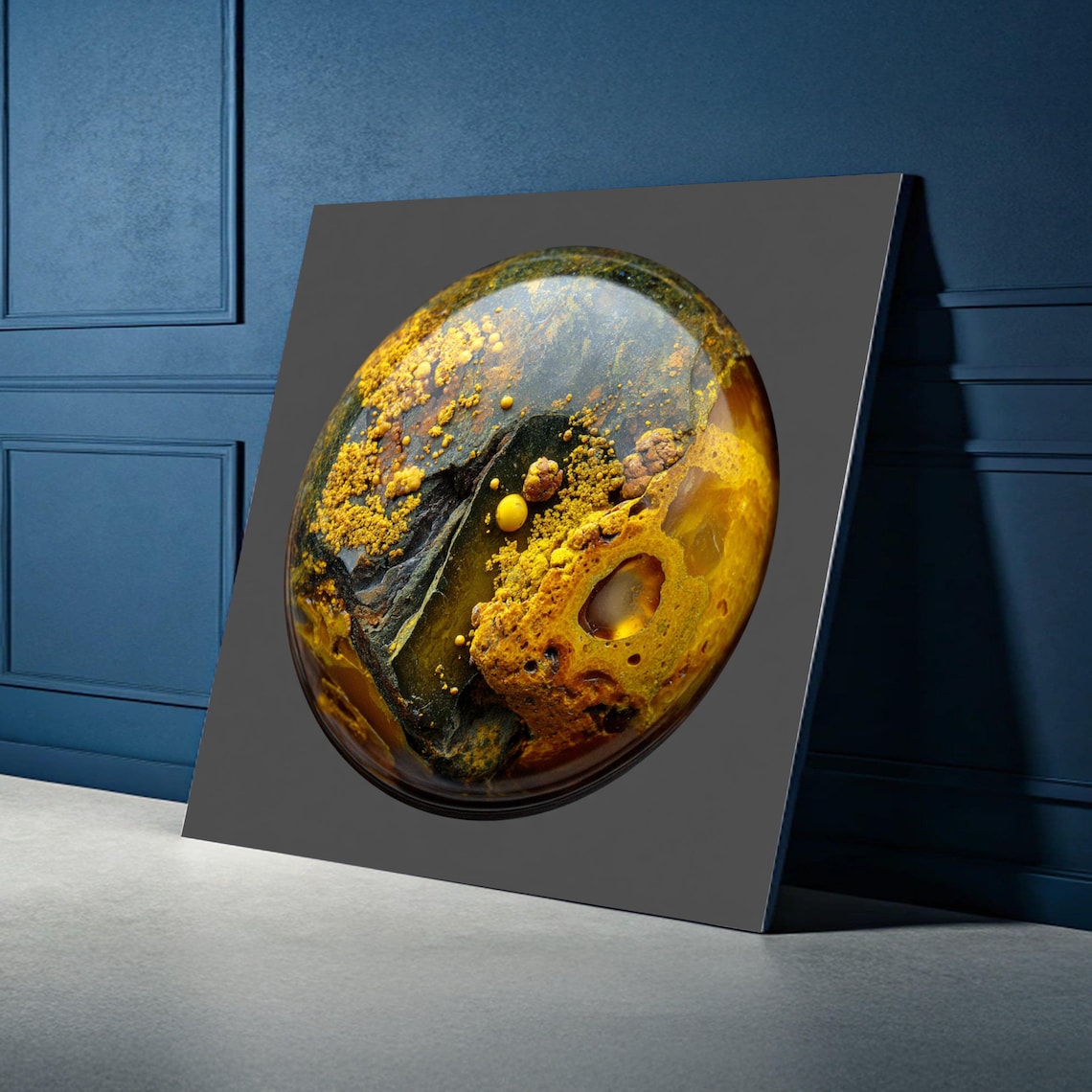 Yellow Black Mineral Stone Macro Sphere Earthy Abstract Art Poster