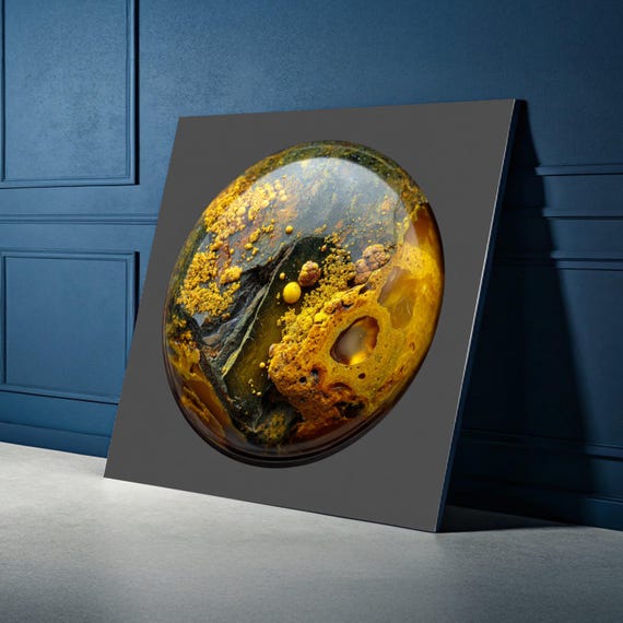 Abstract Yellow And Black Mineral Canvas Stone Wall Art Earthy Tones Home Decor Modern Geology Unique Round Design