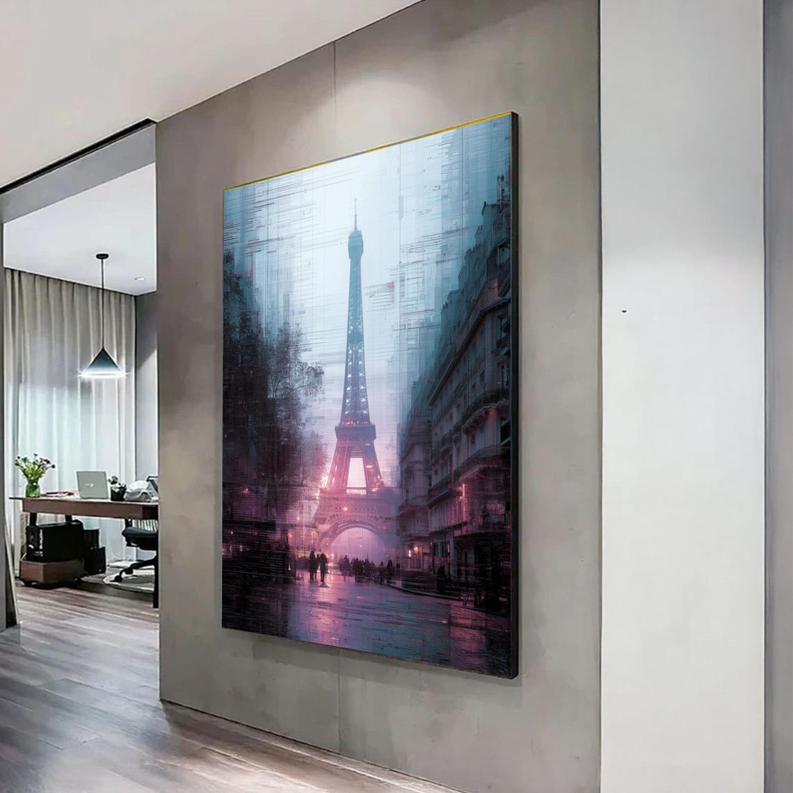 Rainy Eiffel Tower Paris Twilight Textured Cityscape Canvas Art Poster