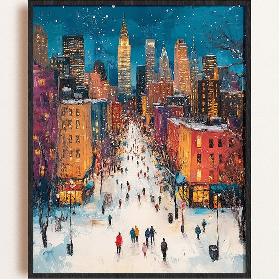 Winter Cityscape Print Snowy Avenue Teal Sky