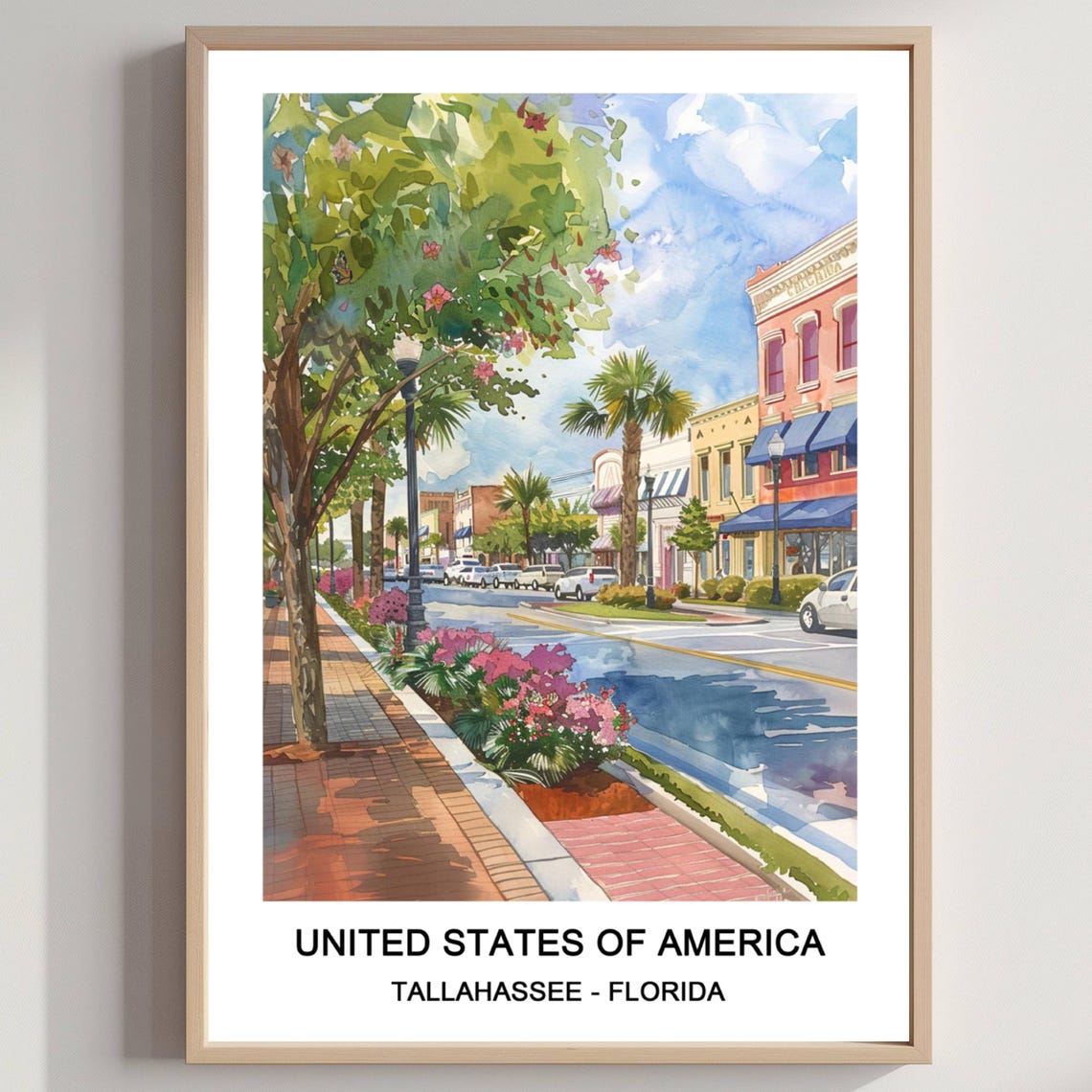 Tallahassee Florida Sunny Downtown Street Palm Trees Travel Poster