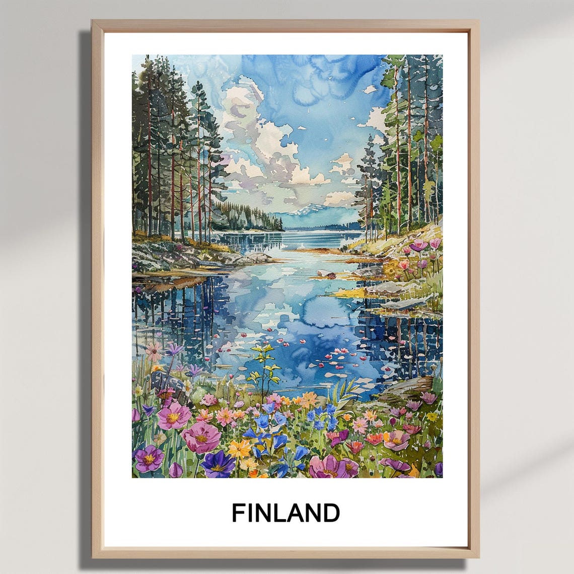 Finland Lake Pine Forest Wildflowers Watercolor Nature Travel Poster