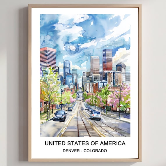 Denver Colorado Watercolor Downtown Skyline Streetcar Travel Poster