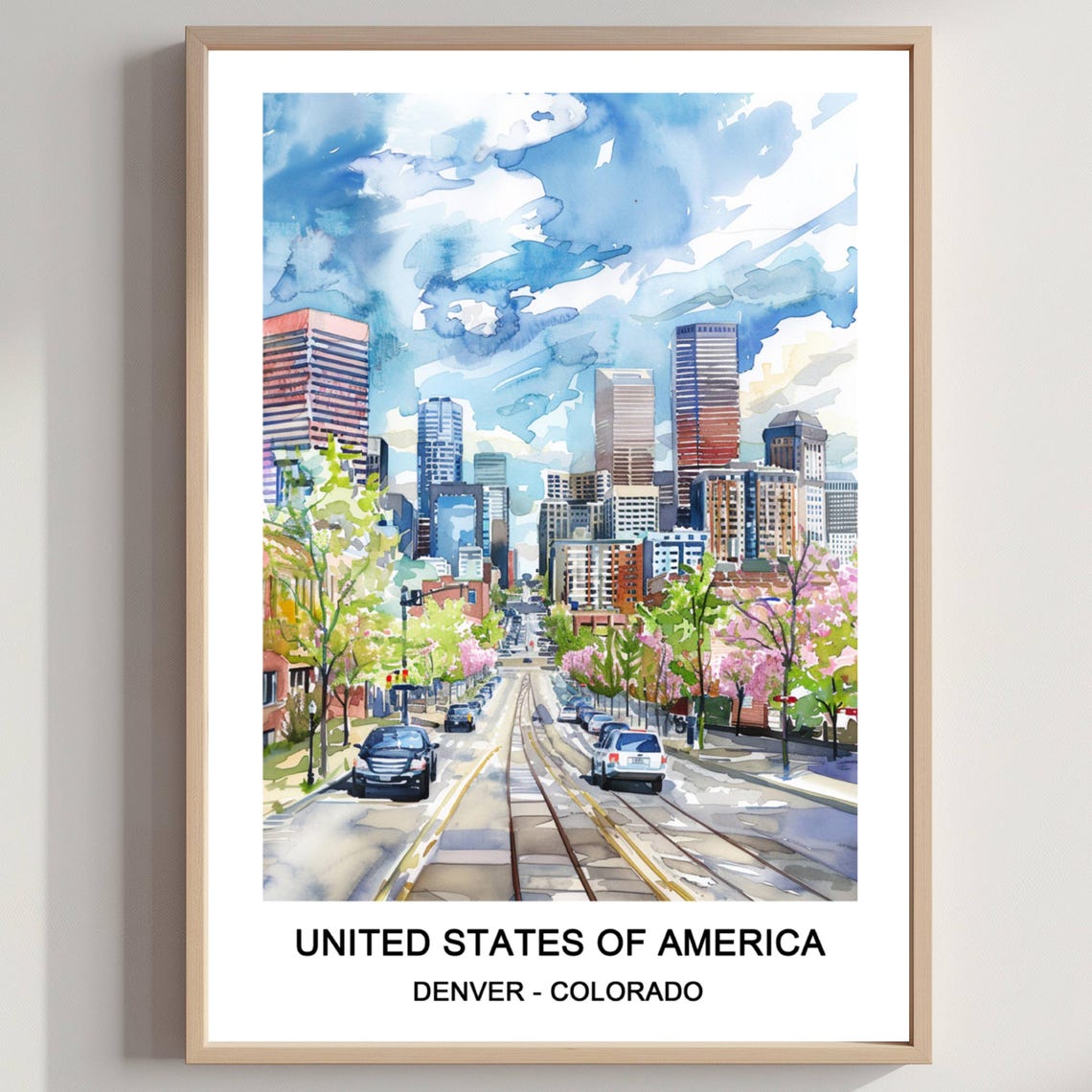 Denver Colorado Watercolor Downtown Skyline Streetcar Travel Poster