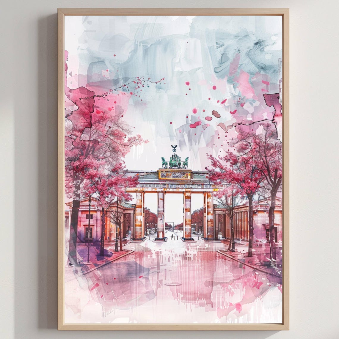 Brandenburg Gate Berlin Pink Watercolor Poster Cherry Blossom Scene