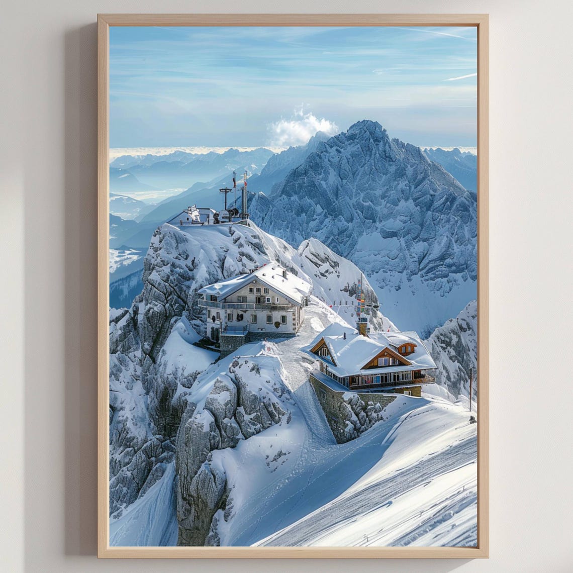 Snowy Alpine Mountain Peak with Lodges Winter Landscape Photo Poster