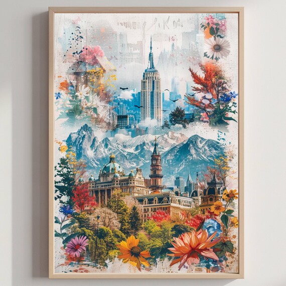 United States Landmarks Collage Empire State Mountains Floral Poster