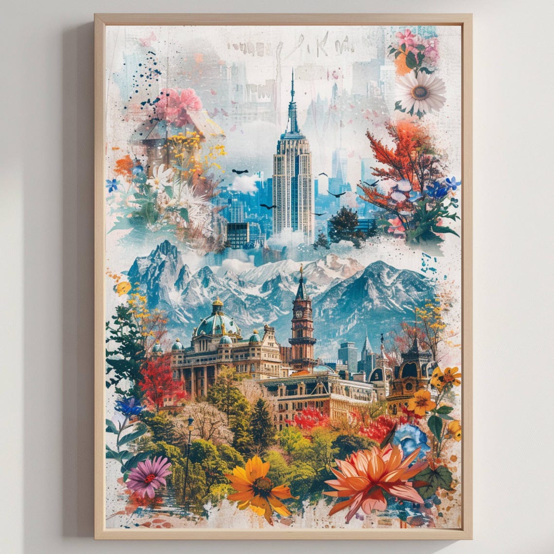 United States Landmarks Collage Empire State Mountains Floral Poster