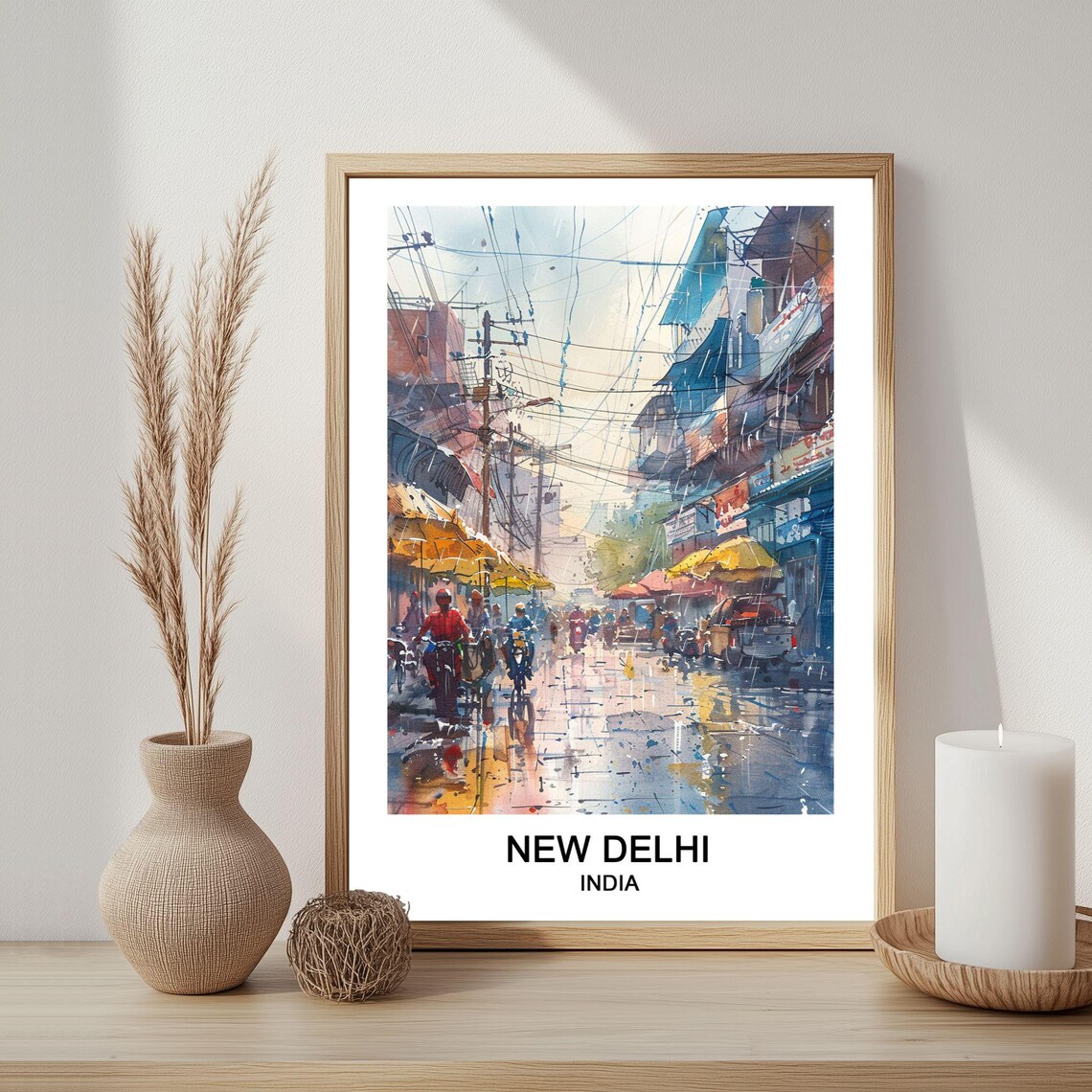 New Delhi India Watercolor Rainy Street Scene Travel Art Poster