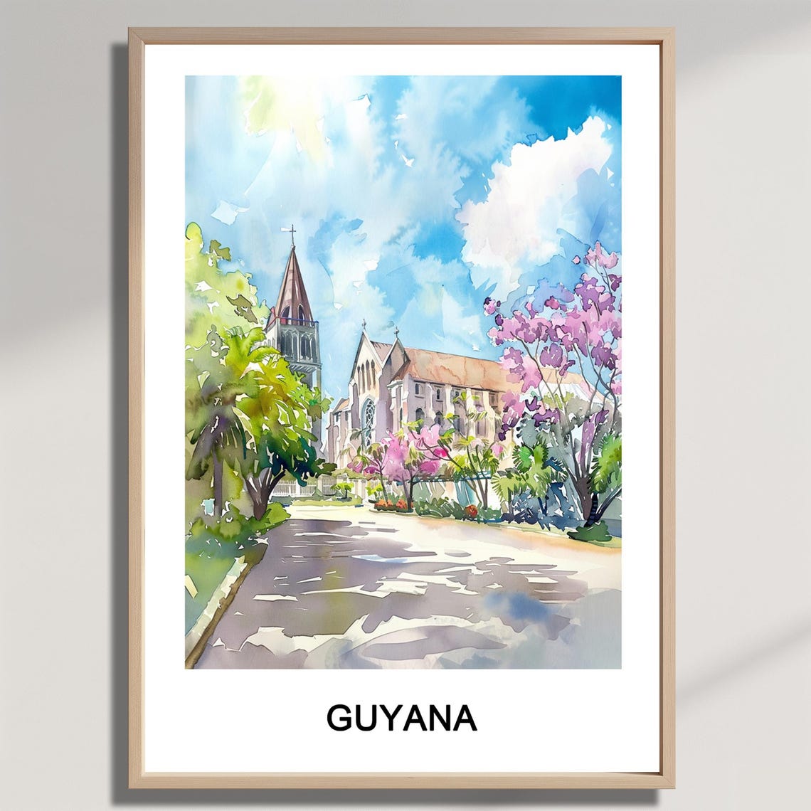 Guyana Church Street Scene with Blooming Trees Watercolor Poster