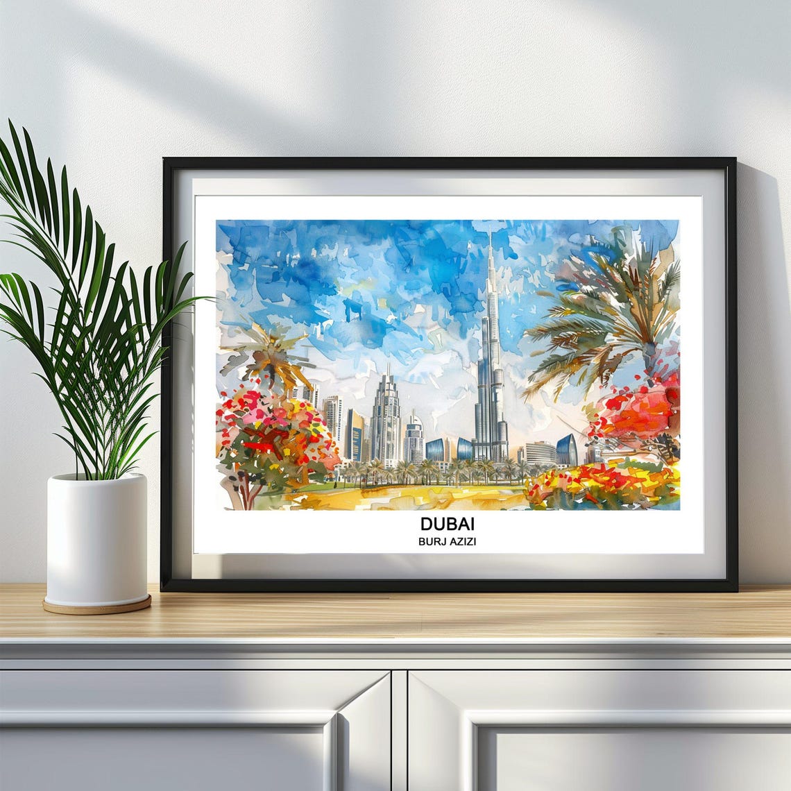 Dubai Burj Azizi Watercolor Skyline Palm Trees Vibrant Travel Poster