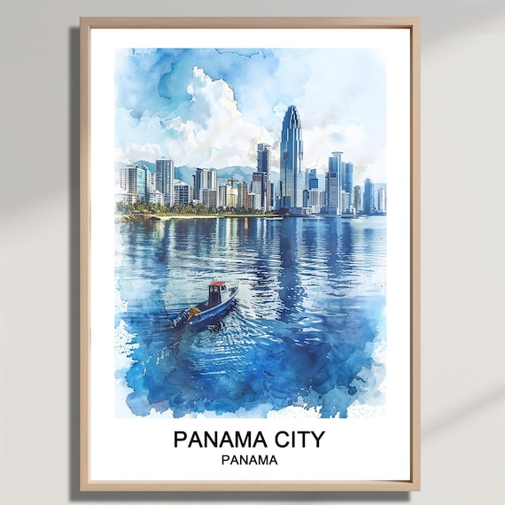 Panama City Panama Modern Skyline Waterfront Watercolor Travel Poster
