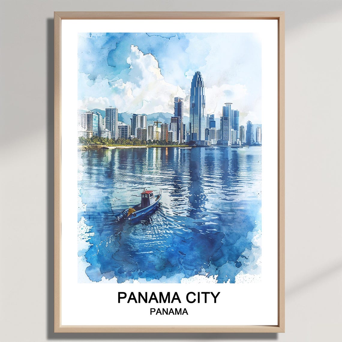 Panama City Panama Modern Skyline Waterfront Watercolor Travel Poster