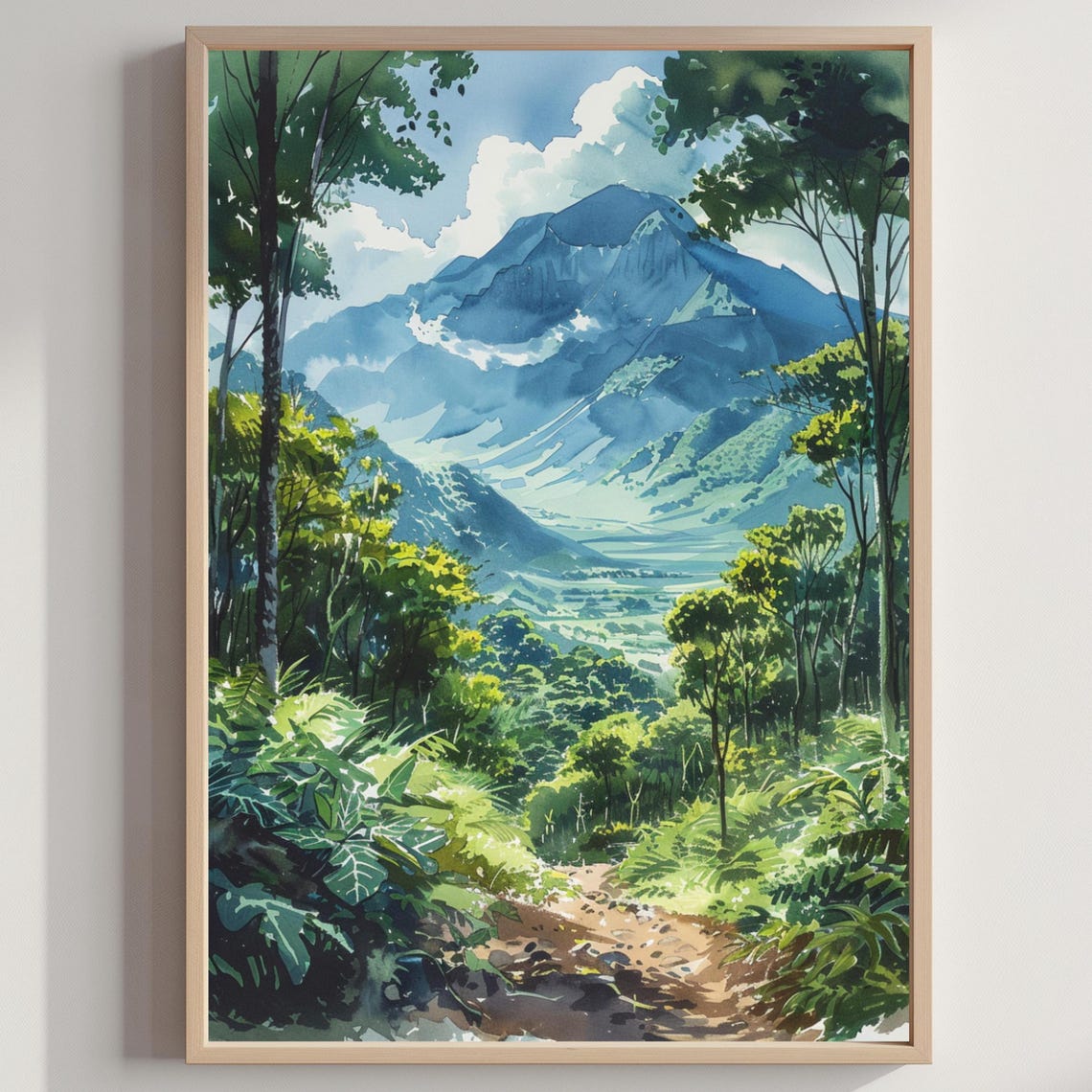 Guatemala Mountain Trail Lush Green Valley Watercolor Forest Poster