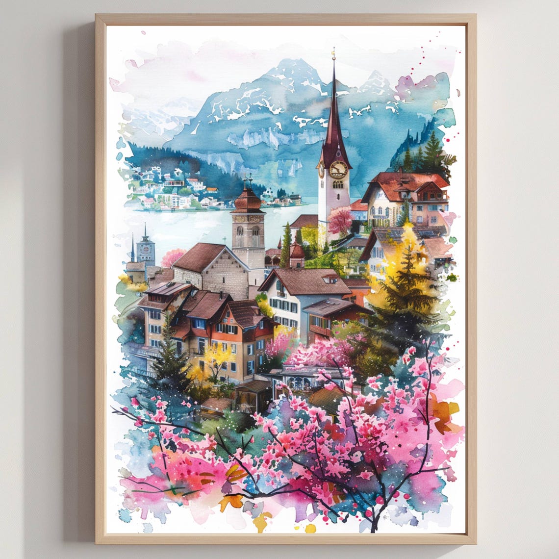 Switzerland Alpine Town Watercolor Cherry Blossom Travel Poster