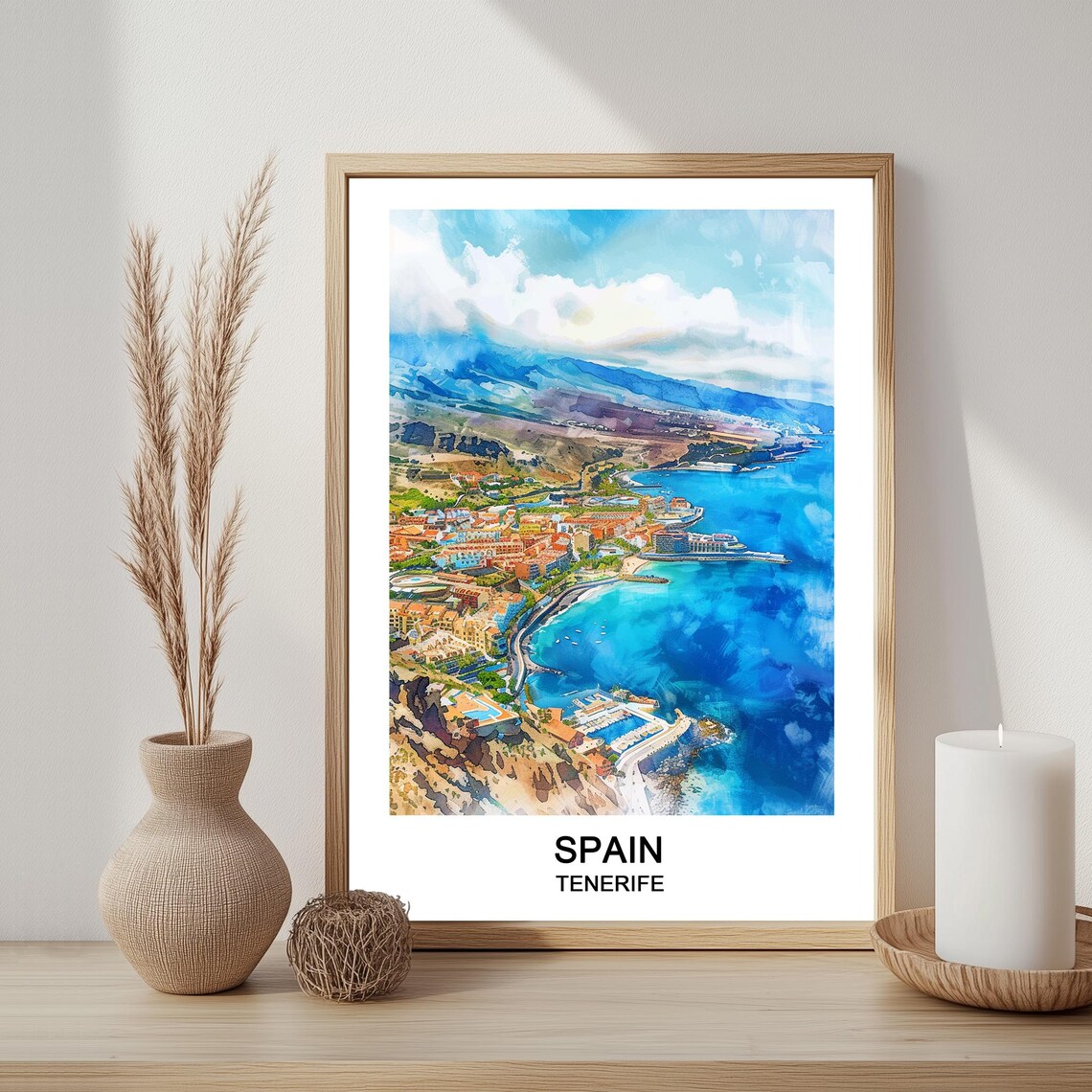 Tenerife Spain Watercolor Travel Poster Coastal Harbor Canary Islands