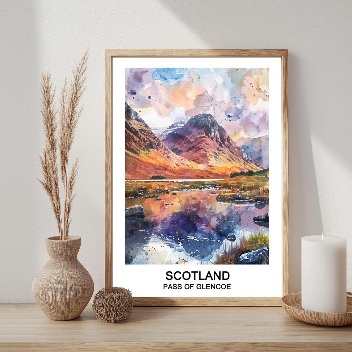 Pass Of Glencoe Scotland Watercolor Mountain Lake Reflection Poster