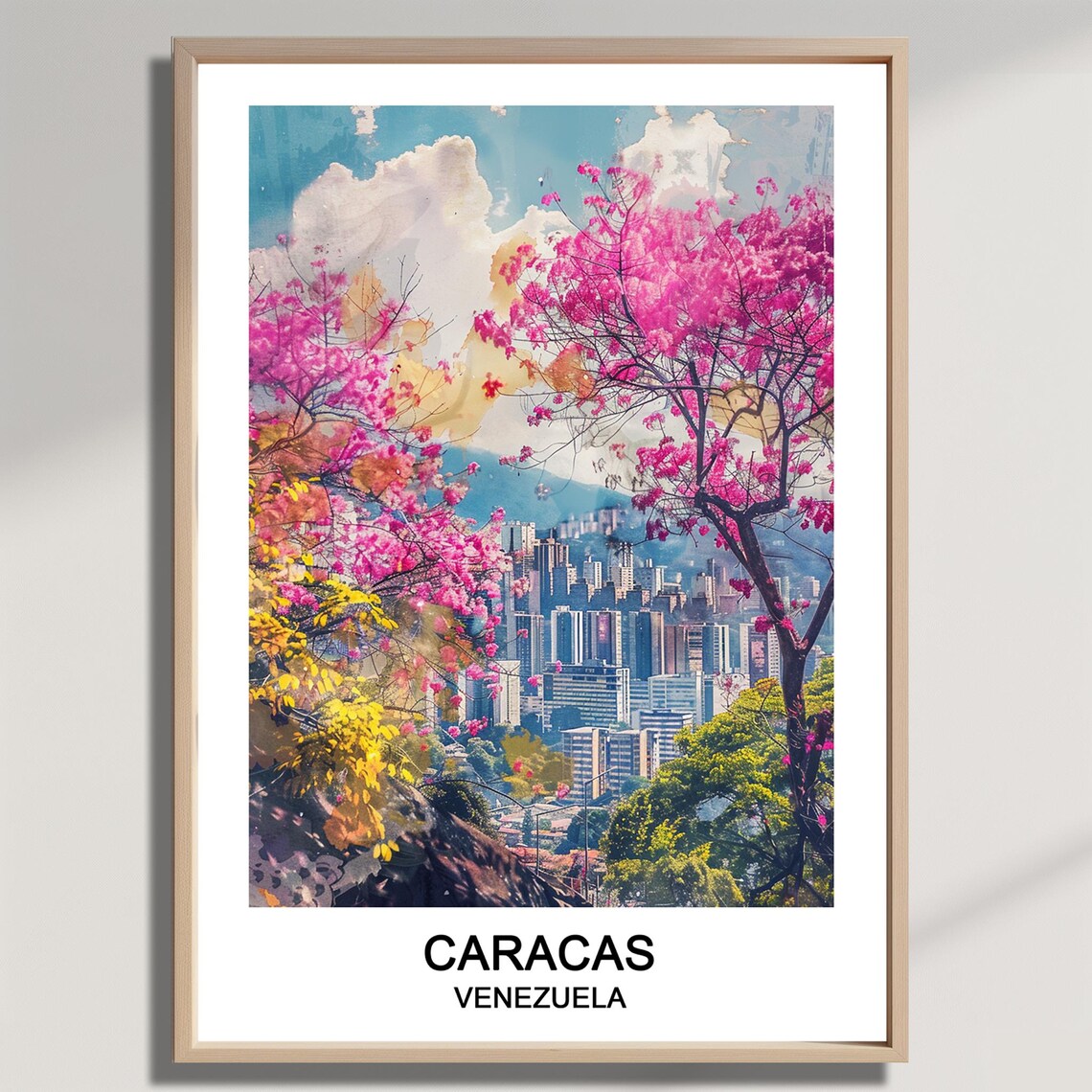 Caracas Venezuela Pink Flowering Trees City Skyline Watercolor Poster