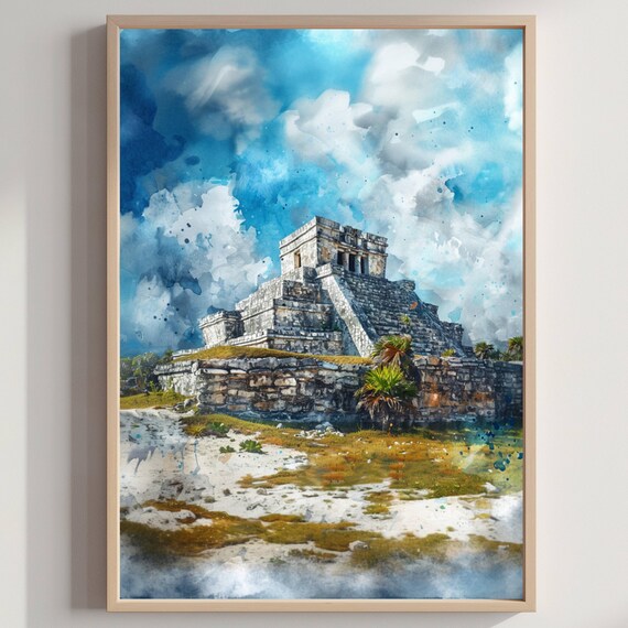 El Castillo Tulum Mexico Mayan Pyramid Dramatic Sky Watercolor Poster