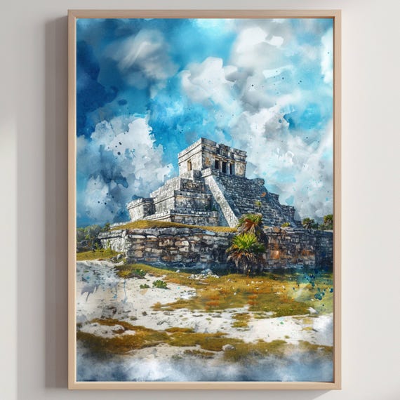 El Castillo Tulum Mexico Watercolor Print Travel Art Poster
