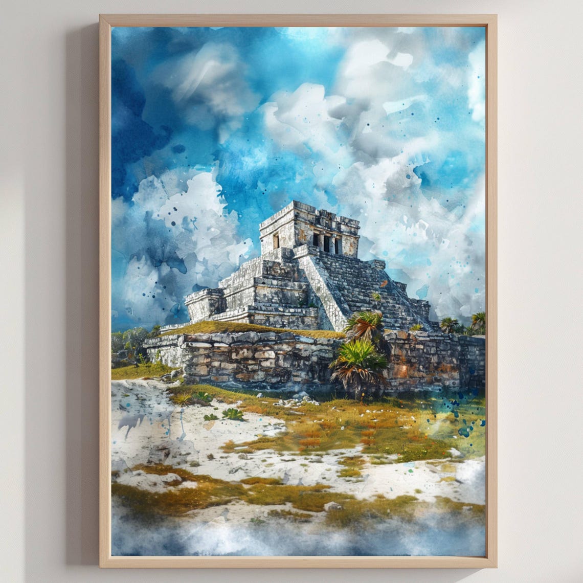 El Castillo Tulum Mexico Mayan Pyramid Dramatic Sky Watercolor Poster