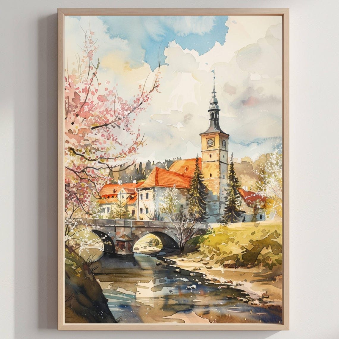 Old European Town Church Stone Bridge River Watercolor Poster