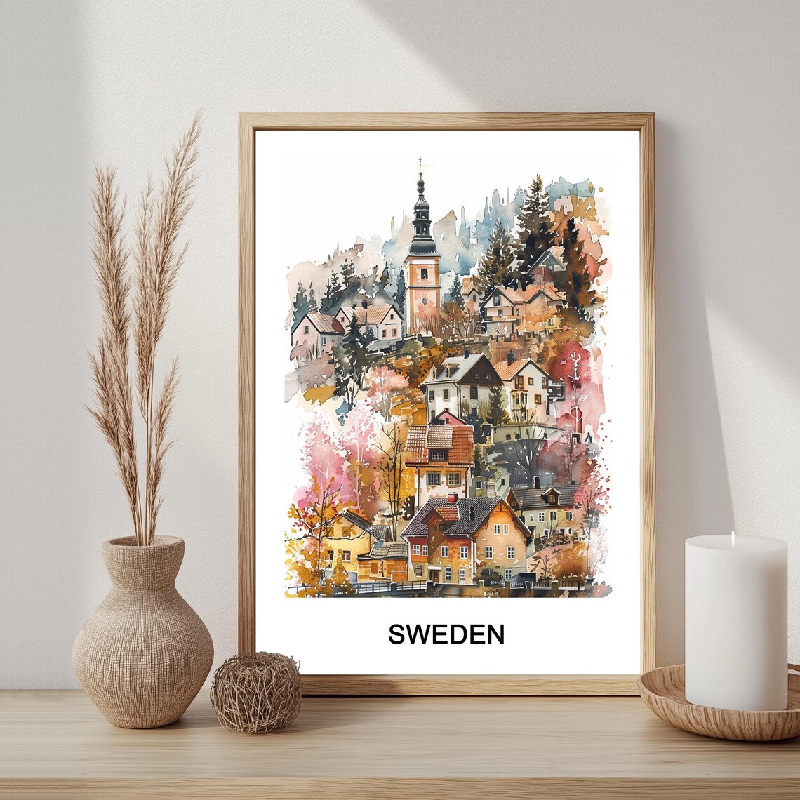 Sweden Old Village Watercolor Church Tower Autumn Town Poster