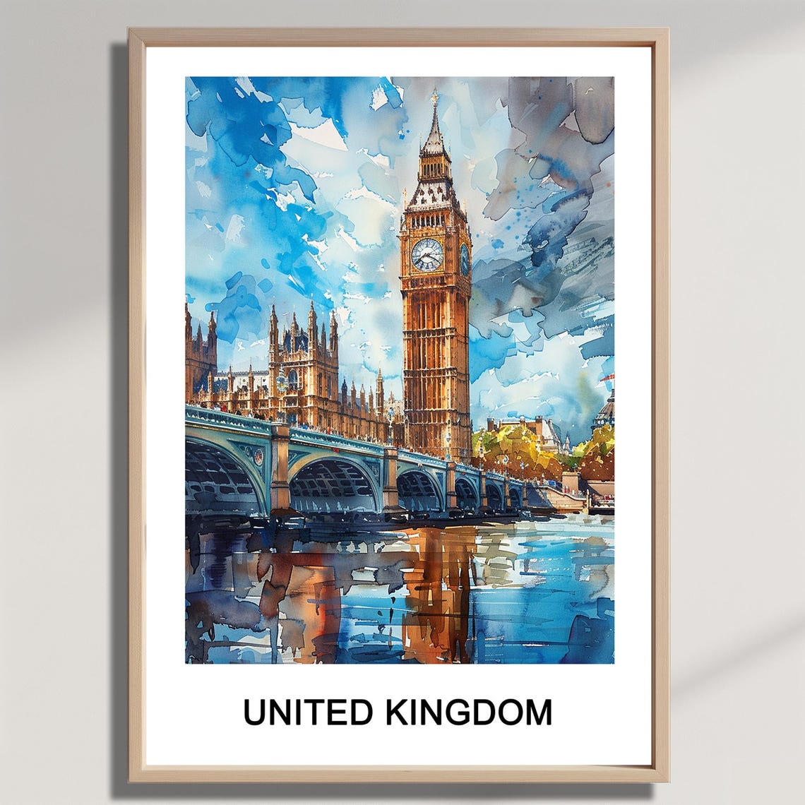 United Kingdom Big Ben Westminster Bridge Thames Watercolor Poster