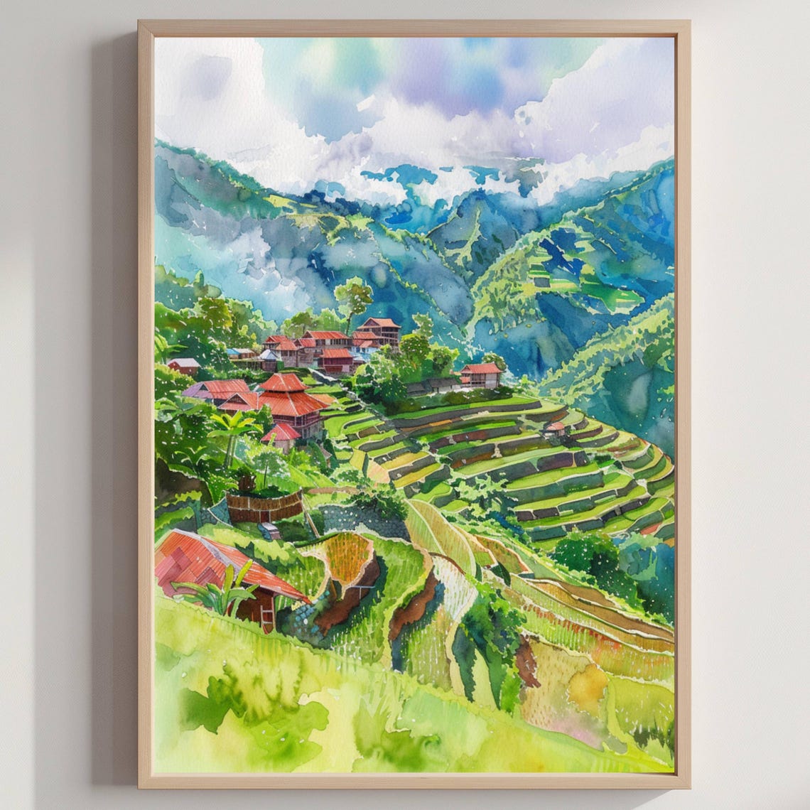 Terraced Rice Fields Green Hills Village Watercolor Scenic Poster
