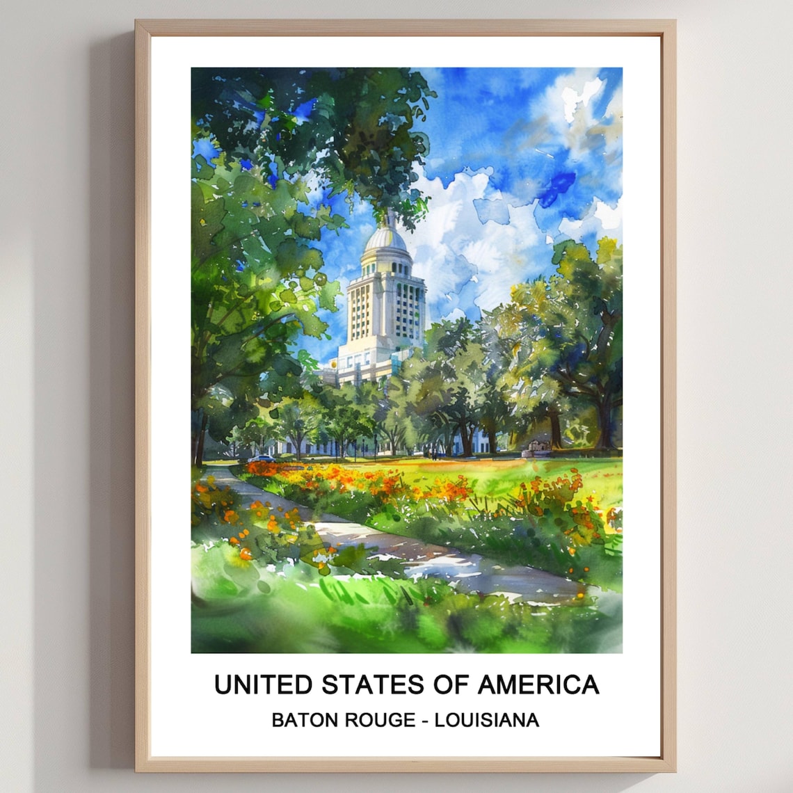 Baton Rouge Louisiana State Capitol Garden Watercolor Travel Art Poster