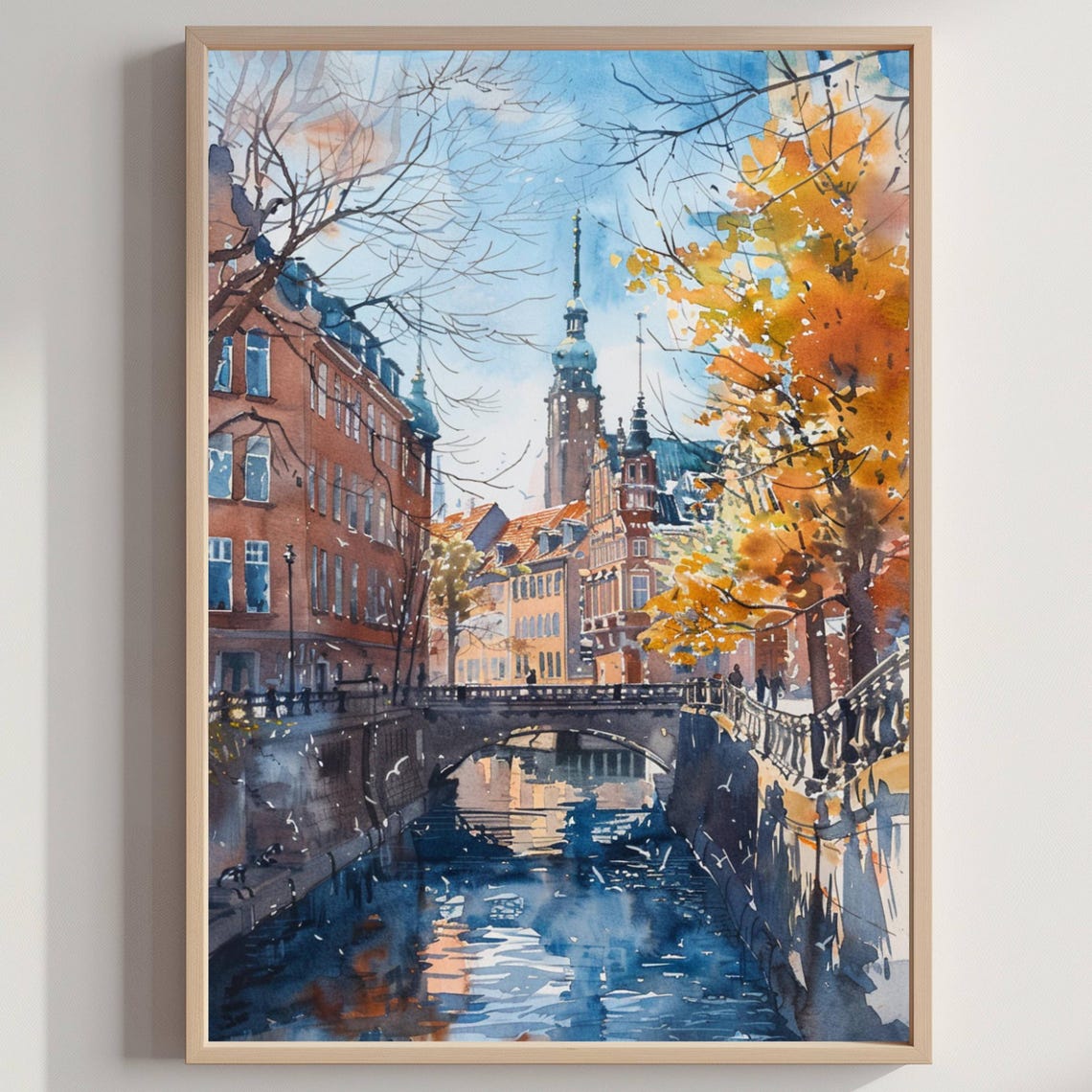 Copenhagen Canal Stone Bridge Autumn Watercolor Travel Poster