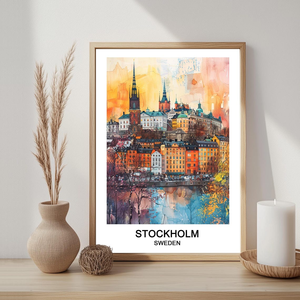 Stockholm Sweden Gamla Stan Old Town Skyline Watercolor Poster