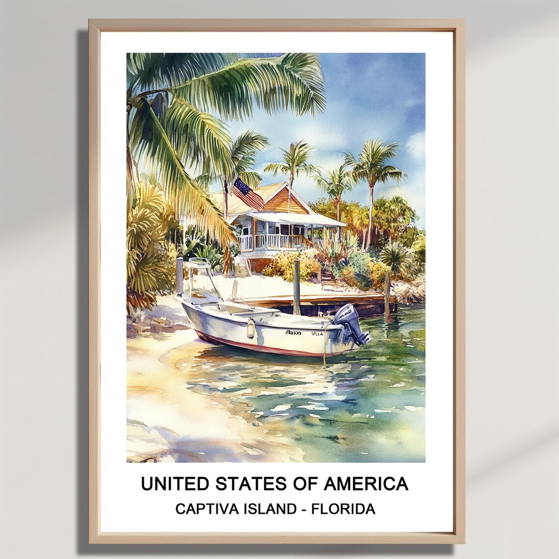 Captiva Island Florida Boat Palm Beach House Watercolor Travel Poster