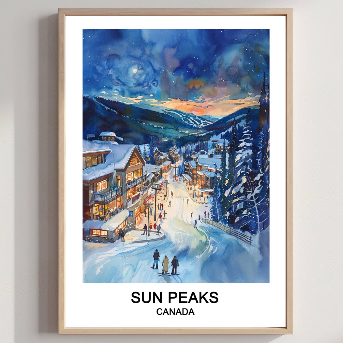 Sun Peaks Canada Ski Village Starry Night Watercolor Travel Poster