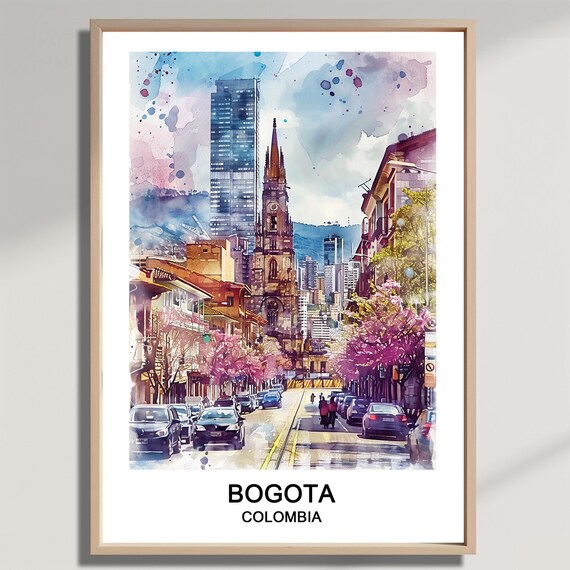 Bogota Colombia City Street Basilica Spire Pink Trees Watercolor Travel Poster